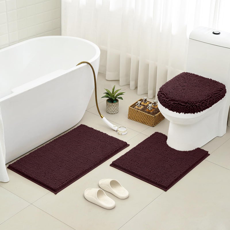 HOMEIDEAS 3 Pieces Brown Bathroom Rugs Set, Ultra Soft Non Slip Bath Rug and Absorbent Chenille Bath Mat, Includes U-Shaped Contour Rug, Bath Mat and Toilet Lid Cover Set Perfect for Bathroom - Image 2